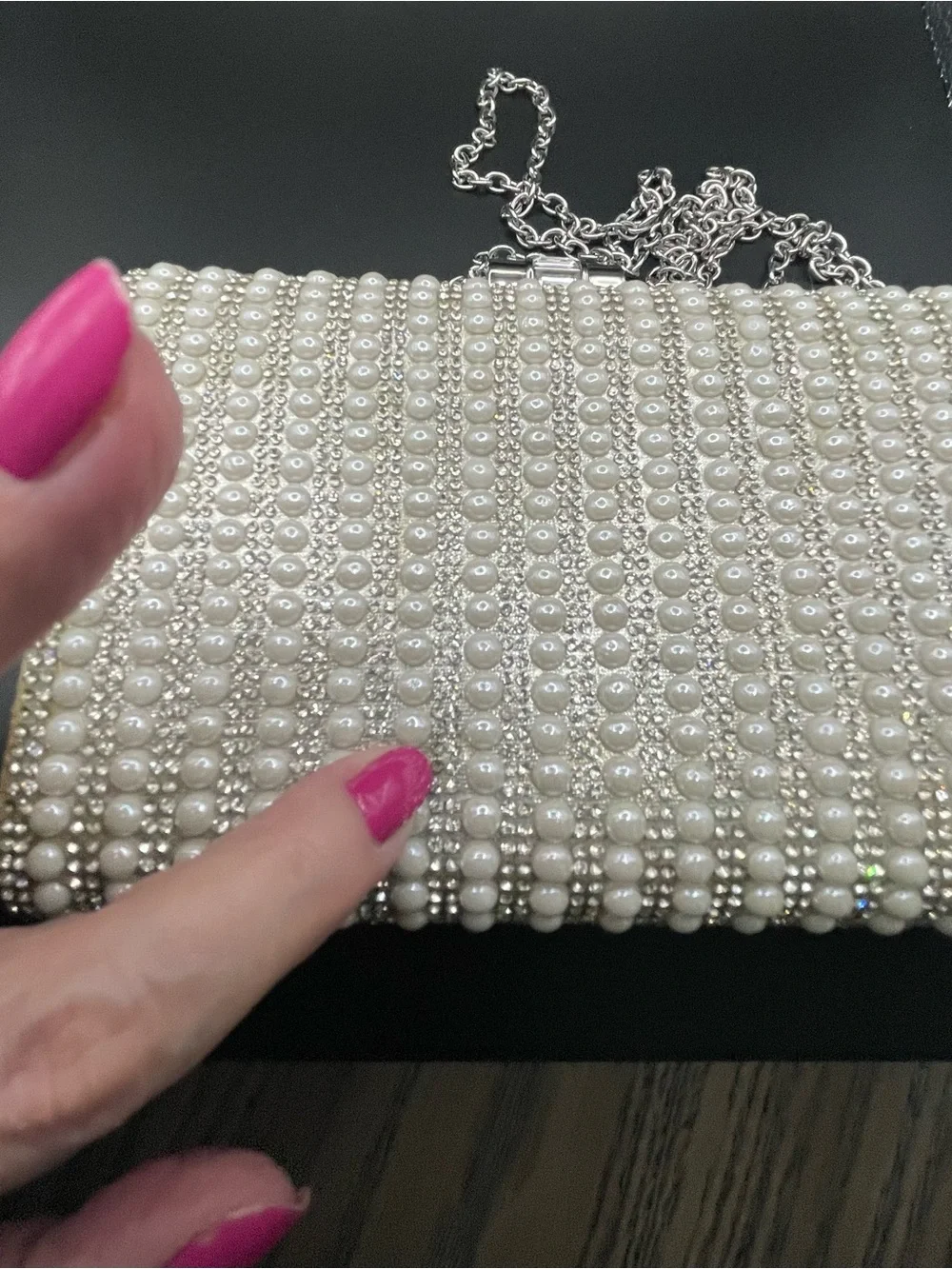 INC International Concepts Lilah Pearl Rhinestone Evening Clutch Bag with Chain!